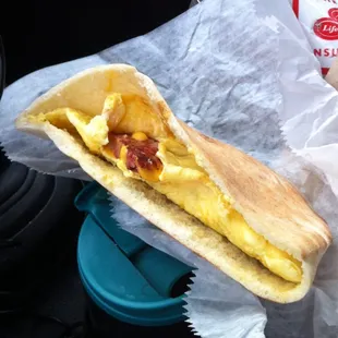 Ham egg and cheese in a pita the perfect travel breakfast