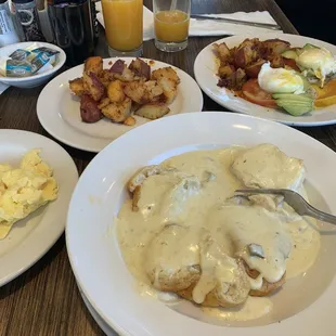 Eggs Benedict, Biscuits and Gravy, scrambled eggs, and Breakfast potato's.