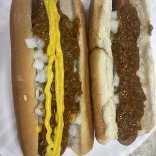 Two Hot Dogs, all the way (Mustard, Onion and Chili) I like a little extra mustard on mine...