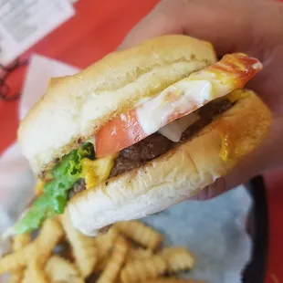 a hand holding a hamburger and fries