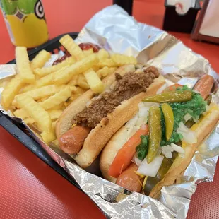 Chicago Dog and Coney Dog with chili and onions.