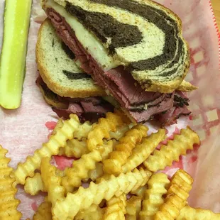Hot pastrami on marble with French Fries