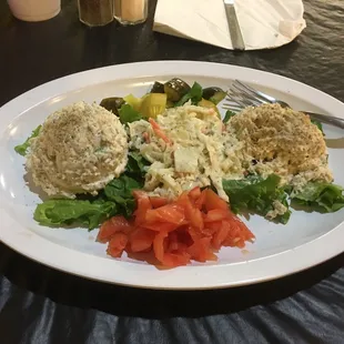 Salad plate with chicken salad, tuna and coleslaw.  Great Paleo choice for this place.