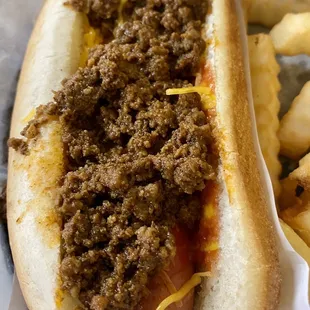 a chili dog and french fries