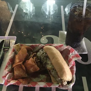 Philly Cheesesteak with homemade chips and a Coke! Delicious