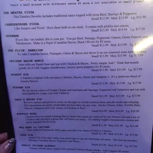 a menu for the fanatics specialty pies