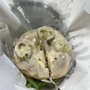 Egg &amp; cheese bagel with pesto&amp;veggies on the jalapeño cheese bagel