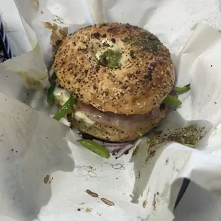The fancy bagel with the everything bagel and pesto