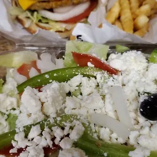 Veggie burger, fries, greek salad