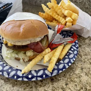 Double Bacon Cheese Burger and crinkle fries.