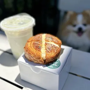 Garlic Cream Cheese Croissant ($8) + Cracked Matcha Latte ($6)