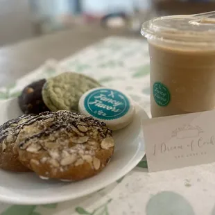 Chocolate almond croissant Iced latte Ube chocolate chip in the far left