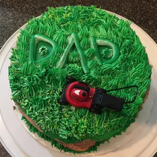 Father&apos;s Day cake (I added lawn mower) Poorly iced :(