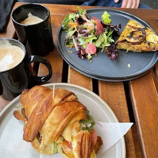 Croissant sandwich and quiche. Breakfast club latte and Maple Citrus Creme Brulee.