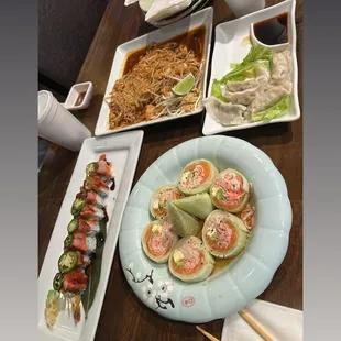 Naruto maki, Oceanside, chicken pot, Thai extra sauce, and steamed dumplings