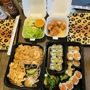 Pad Thai with shrimp and chicken. Sushi. Soup. Salad. Yum