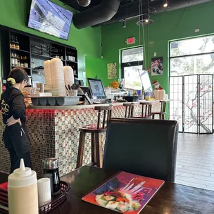 a woman in a restaurant