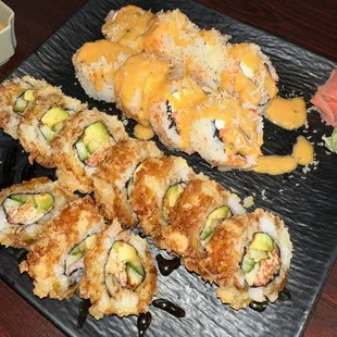 Crunchy crab roll and deep fried California roll