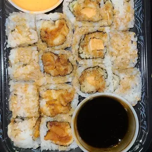 One sweet potato roll and one tempura chicken roll