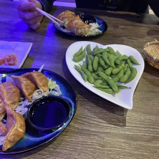 Fried gyoza and edamame