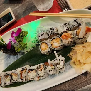 shrimp tempura roll and eel/avo roll