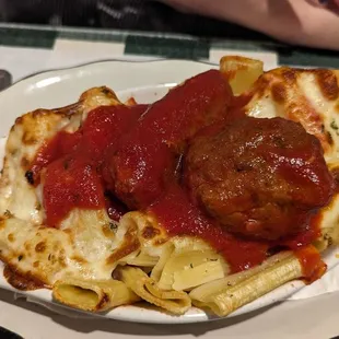 Baked rigatoni with meatballs and sausage