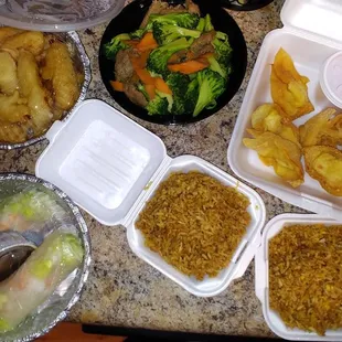 sweet and sour shrimp minus the sauce, beef and broccoli, crab rangoon, spring rolls, and fried rice