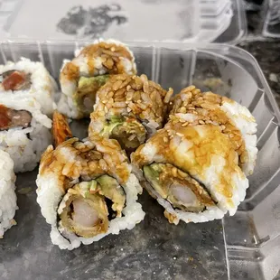 a tray of sushi rolls