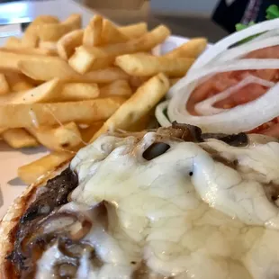 Mushroom Swiss Burger with crispy Fries!