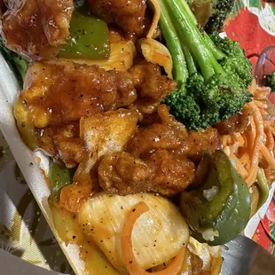 chicken, broccoli, and noodles