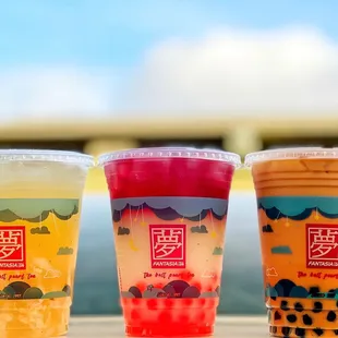 Lychee Green Tea, White Peach Sunset with strawberry popping boba, and Dirty Thai!