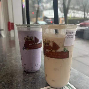 brown sugar slush with crystal boba and taro slush with crystal boba