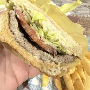 Look at colossal hamburger  Look at the old fries