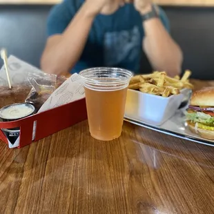 $10  fantastic lunch box on left, #2 cheeseburger on right under $30 with a beer and drink!