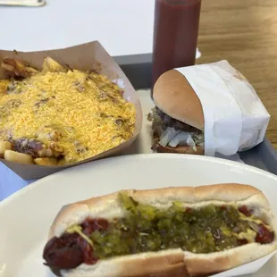 Hot dog, JR. Burger, and Chili Cheese Fries