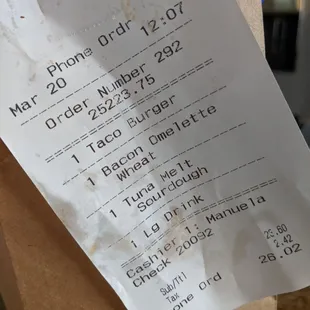 Greasy receipt at a greasy spoon