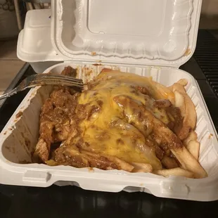 A huge pile of chili cheese fries! Yum! Less than $8.