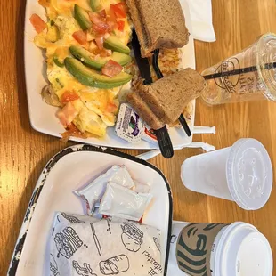 a plate of food and a drink