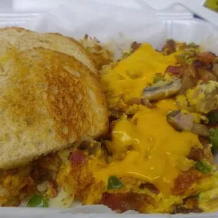 Fantastic omelette with hash browns and sourdough toast