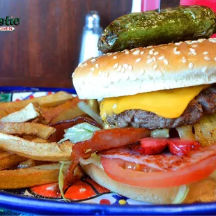 a cheeseburger and fries