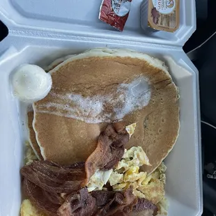 My $10 breakfast...2 hotcakes,bacon,and fresh scrambled eggs well done 8/30/22