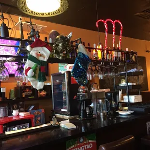 christmas decorations on the bar