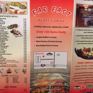 menu for far east buffet and grill