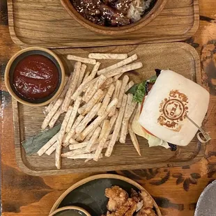 a plate of food on a wooden table