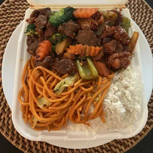 Combo Plate A - Broccoli Beef and Kung Pao Chicken with half Chow Mein and white rice. Must try.
