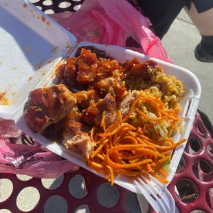 Sesame chicken, teriyaki chicken, fried rice, and chow mein