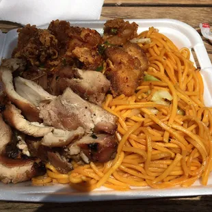 Salt and pepper chicken, teriyaki chicken and chow main