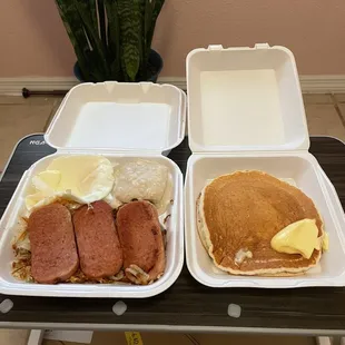 Spam and egg breakfast with a pancake on the side.