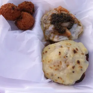 The England burger and the Korea burger, with a side of risotto balls.