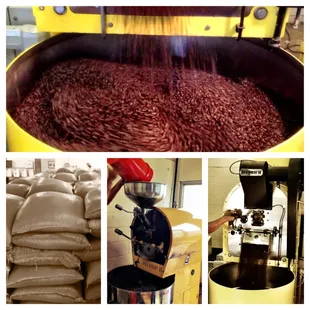 a collage of images of coffee beans being processed